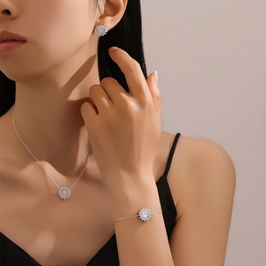 Close-up of S925 silver necklace with opal pendant and matching jewelry set on a model