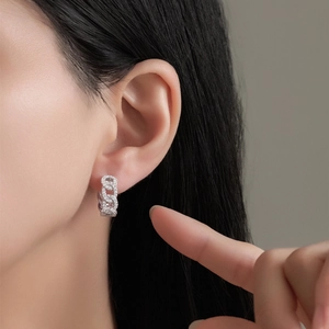 S925 sterling silver chain earrings with pavé stones shown on model for elegant style