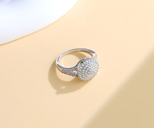 Detailed macro shot of S925 sterling silver stamp and luxurious micro-pave zircon ring
