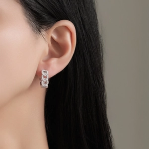 S925 sterling silver chain link huggie hoop earrings with micro-pave white zircon stones