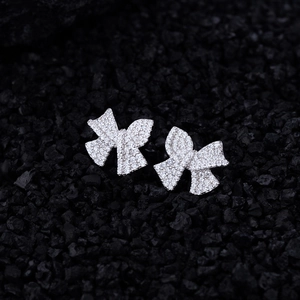 Elegant S925 sterling silver bow earrings with micro-pave crystals on black stones