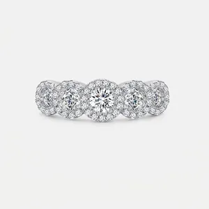 Luxurious 925 Sterling Silver Zirconia Halo Ring Five Stone Round Cut Anniversary Engagement Ring For Women Jewelry Gift