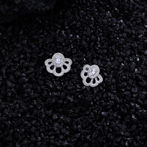 Elegant S925 sterling silver fan flower stud earrings with pave-set zircon on black stones