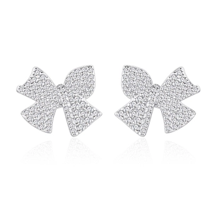 Elegant S925 sterling silver bow knot stud earrings with shimmering pave-set zircon stones