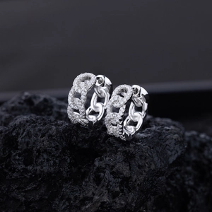 S925 sterling silver cuban chain earrings with micro-paved white zircon on volcanic rock