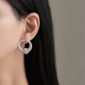 Chic S925 silver U-shape hoop earrings with full pavé cubic zirconia for women