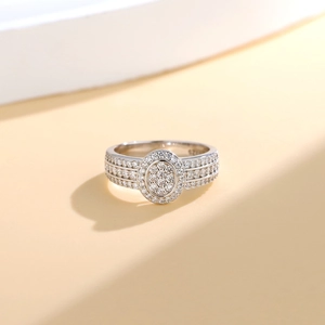 Elegant S925 sterling silver oval halo ring with sparkling pavé zircons on a beige background