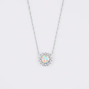 Collier Tournesol en Argent Sterling 925 avec Opale Naturelle pour Femme Pendentif Géométrique Strass Bijoux de Mode Élégants