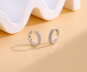 Detail of S925 sterling silver earrings with double-layer micro-pave white zircon