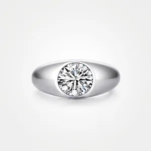 925 Sterling Silver Men Ring Round Brilliant Zirconia Inlaid Fashion Signet Ring Electroplated White Gold Band For Wedding Daily Jewelry