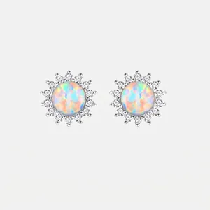 925 Sterling Silver Natural Opal Stud Earrings Classic Halo Rhinestone Sun Flower Round Elegant Jewelry For Women