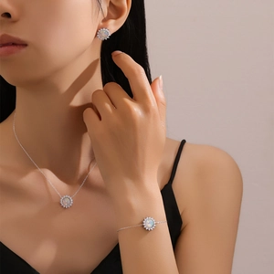 Elegant S925 silver sunflower jewelry set with iridescent white opal and zircon stones