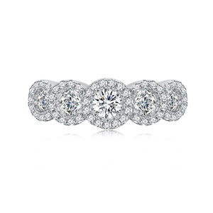 Luxurious S925 silver five-stone halo ring with brilliant round zirconia stones