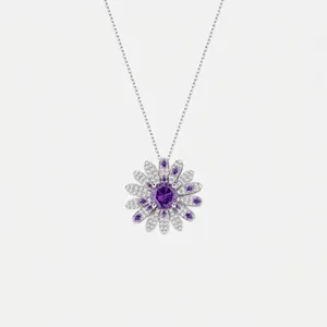 Collana Con Pendente Margherita in Argento Sterling 925 Zirconia Viola E Orecchini Gioielli Floreali Placcati in Oro Bianco Donna