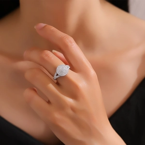 S925 sterling silver full zircon ring with luxury pavé stones on a female hand