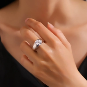 Classic S925 sterling silver men's ring with a large round cubic zirconia center stone