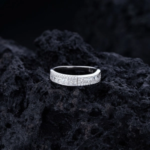 Elegant S925 sterling silver band ring with square zircon insets on black volcanic stone