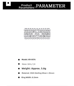 Detailed specifications chart for the S925 sterling silver four-leaf clover zircon ring