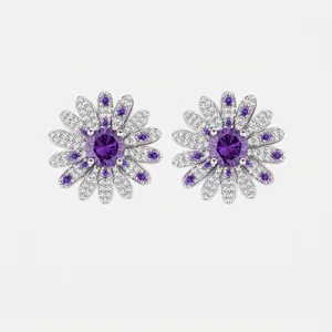925 Sterling Silver Daisy Flower Purple Zirconia Stud Earrings Jewelry Set Micro Pave Rhinestone For Women Elegant Gift