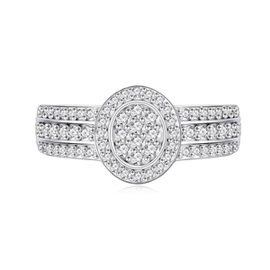 Elegant S925 sterling silver oval pave zircon ring with triple-row micro-set side stones