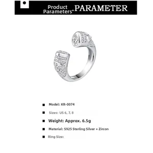 Detail view of S925 sterling silver open ring featuring pear-cut zircon and pave stones