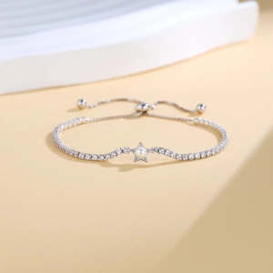 S925 sterling silver star pearl bracelet with adjustable slider and pavé zircon stones