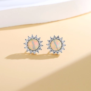 Classic 925 sterling silver opal stud earrings with halo diamond sunflower design