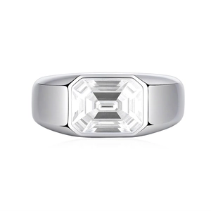 Men's S925 sterling silver ring with a large emerald cut gemstone on white background