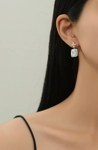 Detailed close-up of S925 silver perfume bottle earrings with emerald-cut crystals