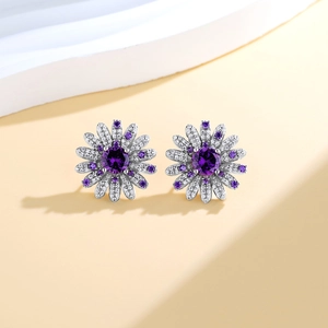 S925 sterling silver daisy stud earrings with purple crystals and pavé diamonds