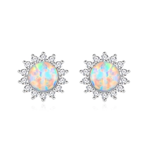 Elegant 925 sterling silver stud earrings with 8mm round opal and halo zircon stones