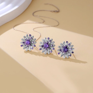 Set gioielli margherita in argento S925 con pietre viola e collana con ciondolo