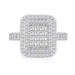 Bague luxueuse en argent 925, design rectangulaire double halo avec zircons micro-pave