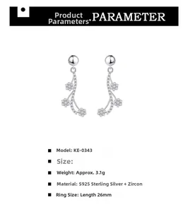 Detailed close-up of S925 silver flower earrings with zircon tassels and size parameters