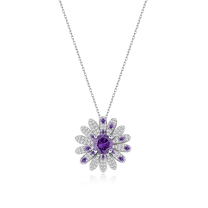 Collana a margherita in argento S925 con pietra viola e petali con pavé di gemme