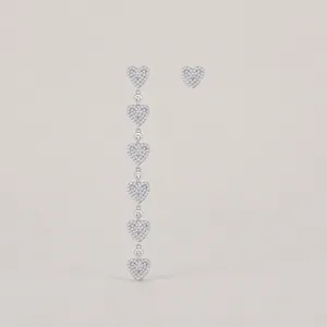 S925 Sterling Silver Asymmetrical Heart Long Tassel Stud Earrings Full Zirconia Inlaid Luxurious Fashion Jewelry For Women