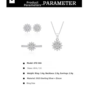 Detail view of S925 sterling silver sunflower jewelry set with cubic zirconia stones