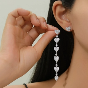 S925 silver asymmetric heart tassel earrings with full diamond cubic zirconia inlay