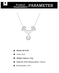 Macro view of S925 sterling silver bow pendant with zircon and a round white pearl