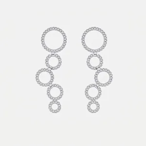 925 Sterling Silver Long Circle Stud Earrings For Women Pave Zirconia Luxurious Geometric Tassel Jewelry Gift