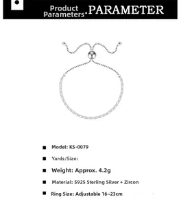 Detail eines verstellbaren S925 Silber-Tennisarmbands mit Zirkonia und Maßen