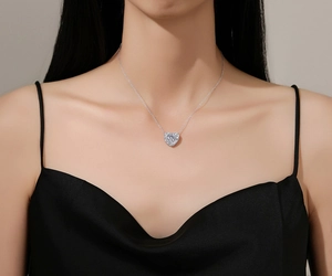 Sparkling heart pendant necklace with S925 sterling silver chain on model neck