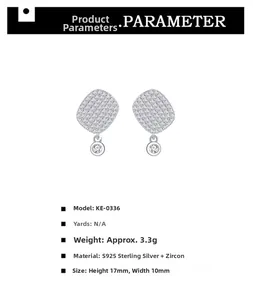 Detailed specs for S925 sterling silver geometric zircon stud earrings 17x10mm