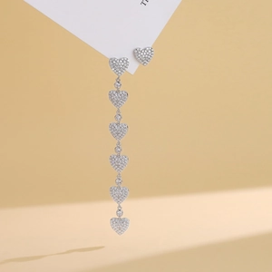 Asymmetric S925 silver heart tassel earrings with sparkling full diamond zircons for women