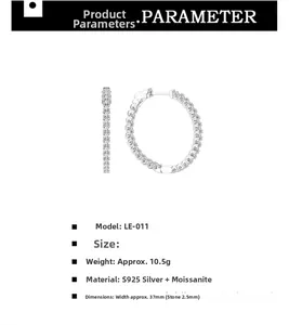 Detailed spec sheet for S925 silver moissanite hoop earrings with dimensions and weight