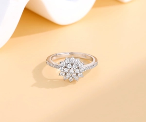 Macro shot of S925 sterling silver sunflower ring with micro-pave cubic zirconia crystals
