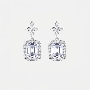 925 Sterling Silver Emerald Cut Zirconia Halo Stud Earrings Vintage White Gold Plated Elegant Geometric Jewelry For Women