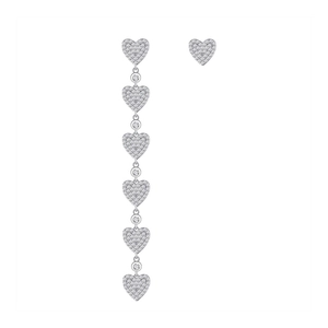 Asymmetric S925 silver heart tassel earrings with sparkling crystals on white background