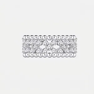 925 Sterling Silver Four Leaf Clover Ring For Women Hollow Wide Band Pave Rhinestone Beaded Edge Fashion Finger Ring Jewelry