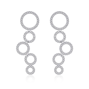 Elegant long silver dangle earrings with five interlocking pavé-set rhinestone circles